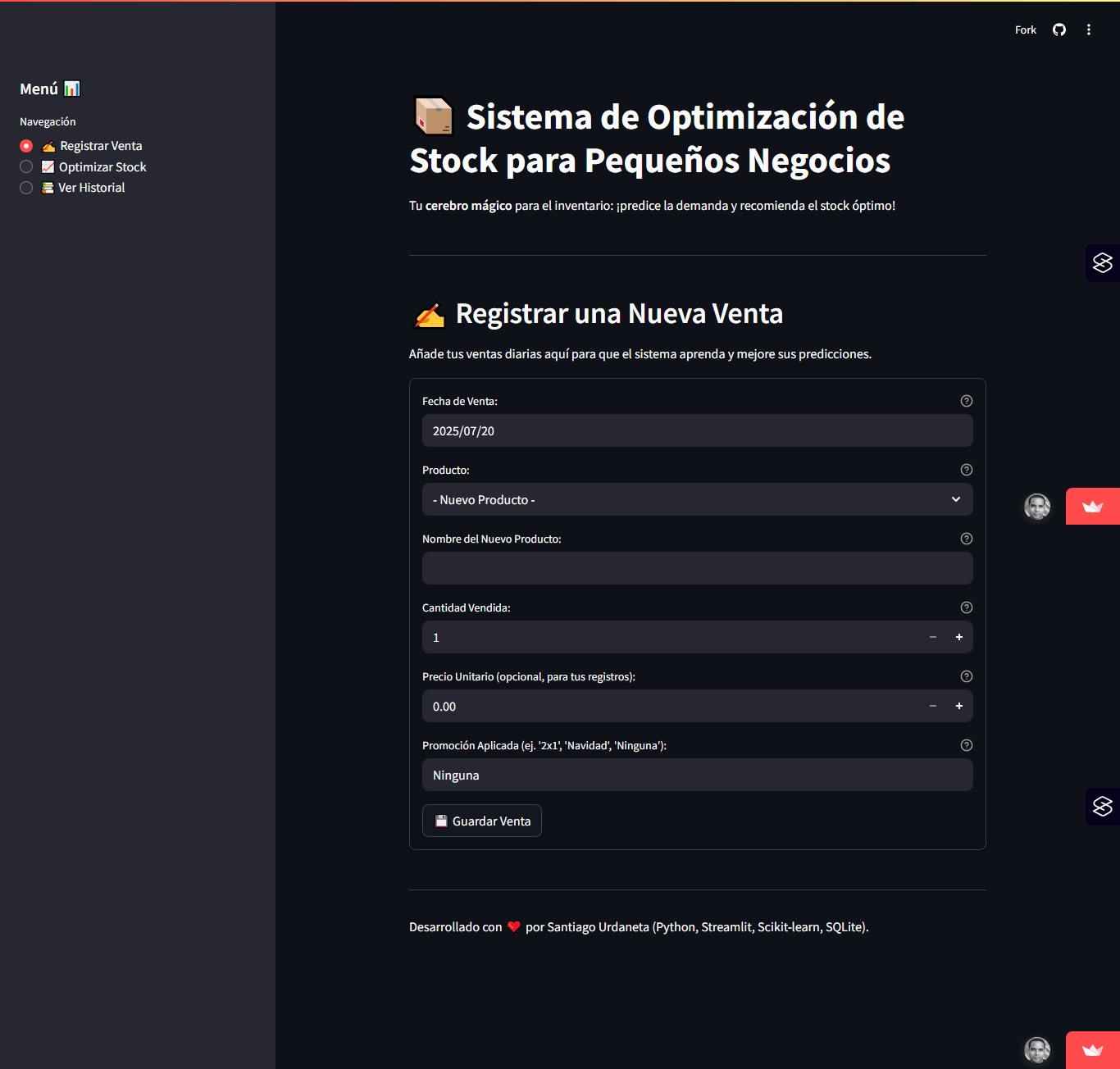 StockOptimizeAI - sistema inteligente de optimización de stock diseñado específicamente para pequeños negocios. Utiliza Inteligencia Artificial (IA) y Machine Learning (ML) para predecir la demanda futura basándose en el historial de ventas, estacionalidad y promociones